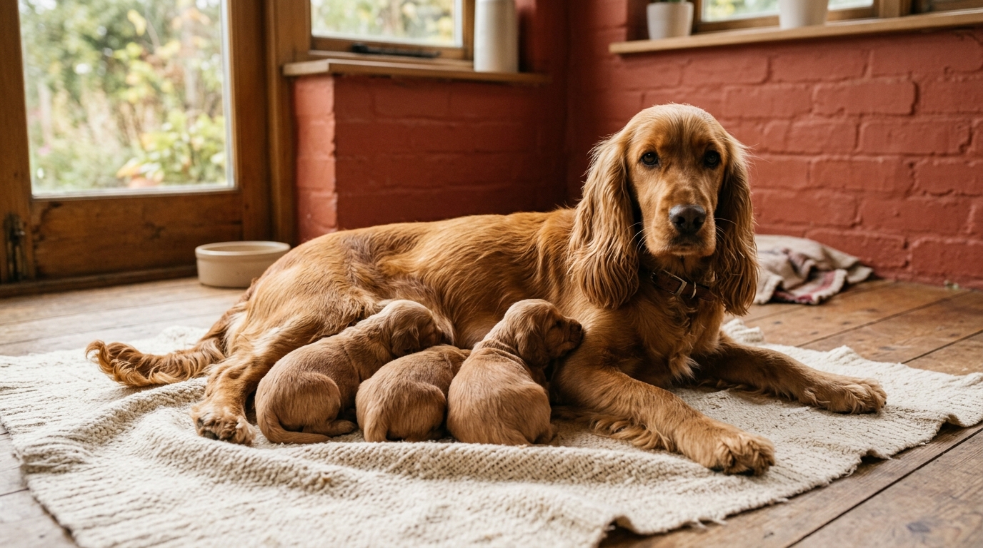 Eine Cocker-Spaniel-Hündin liegt mit ihren Welpen auf einer hellen Decke in einem Wohnraum mit ziegelroter Wand.