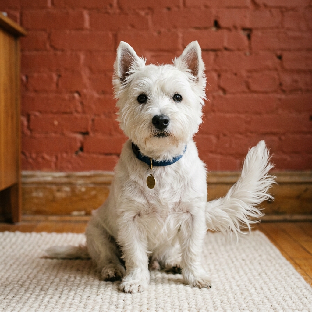 Ein West Highland White Terrier sitzt aufmerksam vor einer ziegelroten Wand.